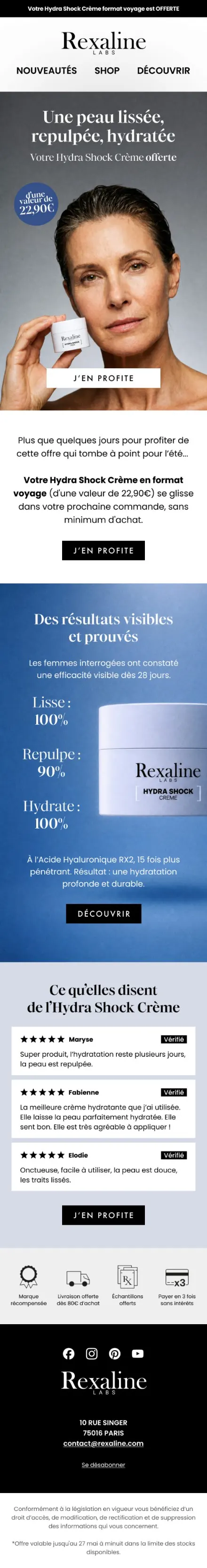 Campagne Rexaline — Hydra Shock · crème offerte