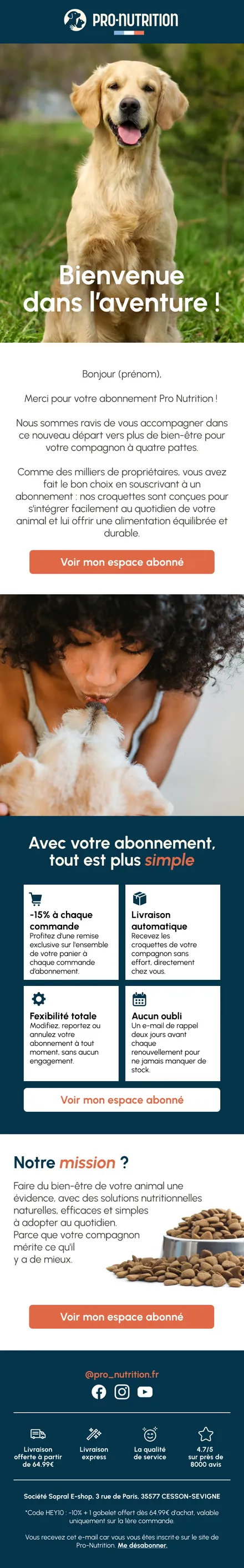 Flow abonnement Pro-Nutrition — confirmation de souscription à J+0