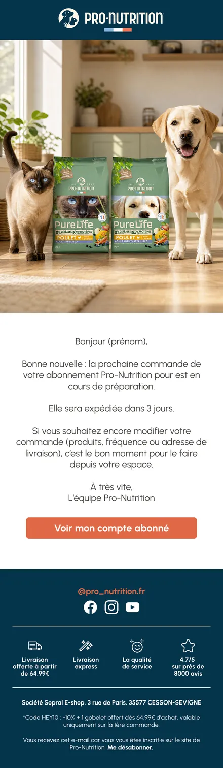 Flow Recharge Pro-Nutrition — rappel trois jours avant l'expédition de l'abonnement