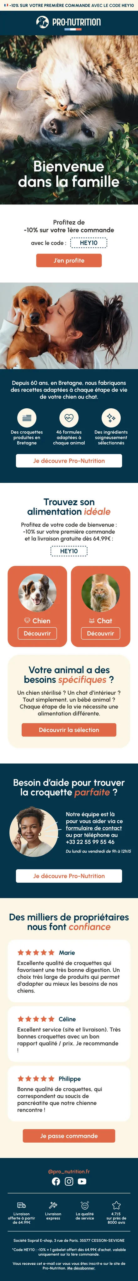 Flow de bienvenue Pro-Nutrition — premier email, code de bienvenue HEY10
