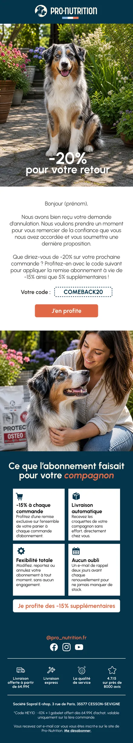 Flow de rétention Pro-Nutrition — email envoyé à la résiliation de l'abonnement