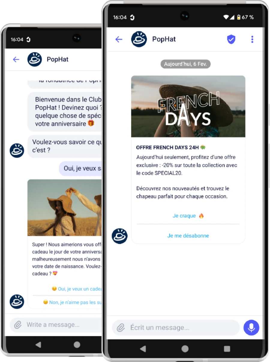 Campagne RCS Splio : conversation de bienvenue au club et offre French Days sur mobile