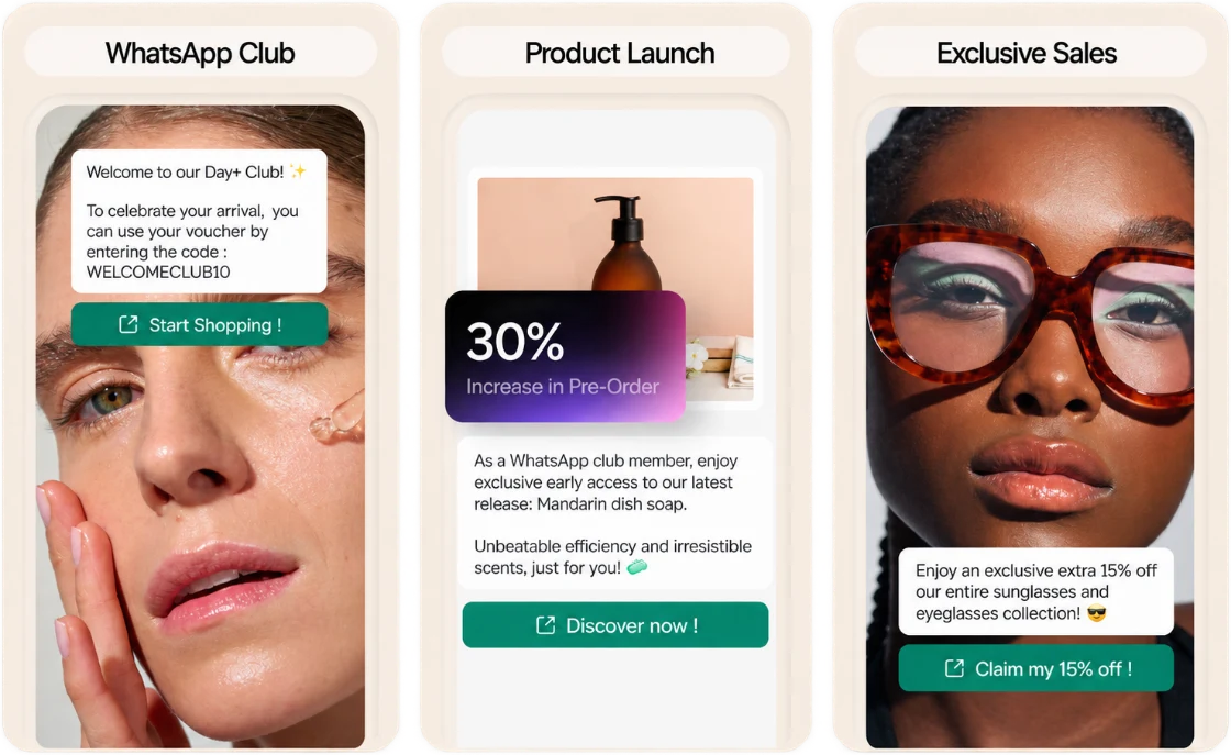 Campagnes WAX sur WhatsApp : club VIP avec code de bienvenue, lancement produit en accès anticipé et vente privée