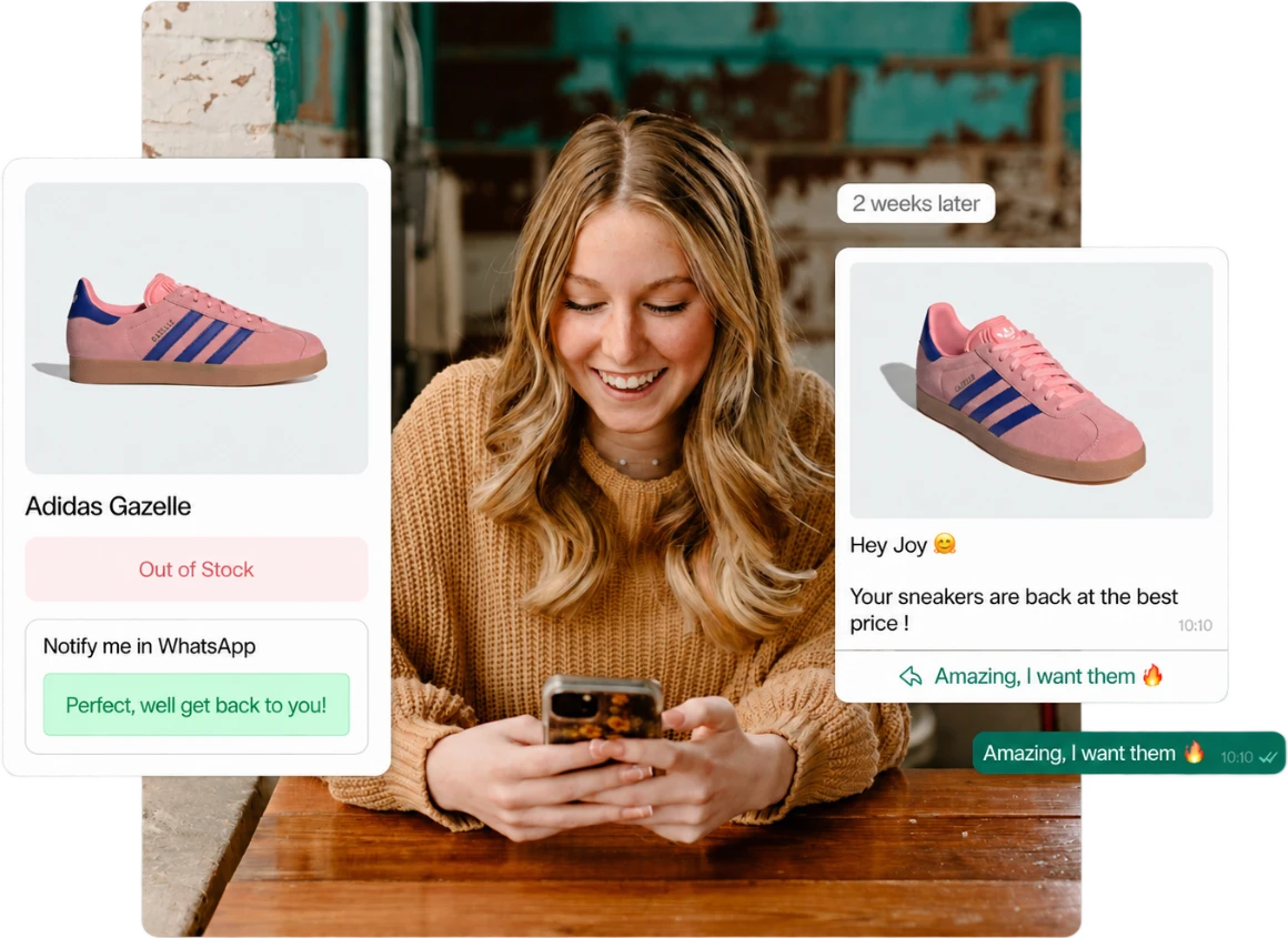 WAX — alerte retour en stock demandée sur WhatsApp, puis notification reçue et réponse de la cliente