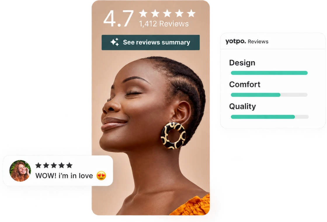 Yotpo Reviews — note moyenne, résumé d'avis par IA, critères notés et avis client avec photo